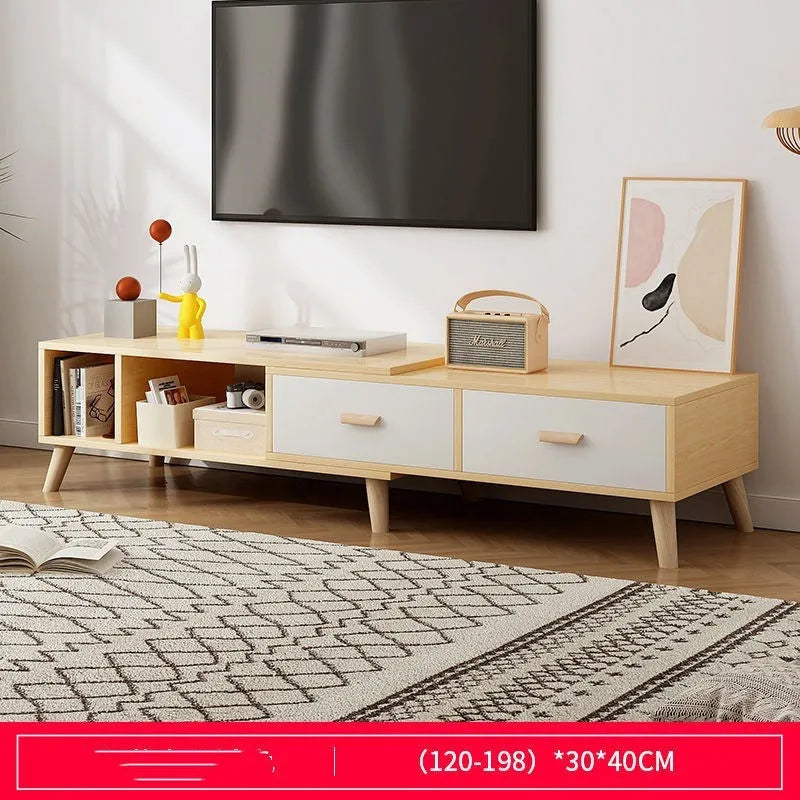 Retractable electric TV cabinet in Pastoral Oak Warm White, size 198cm, for small apartment living room