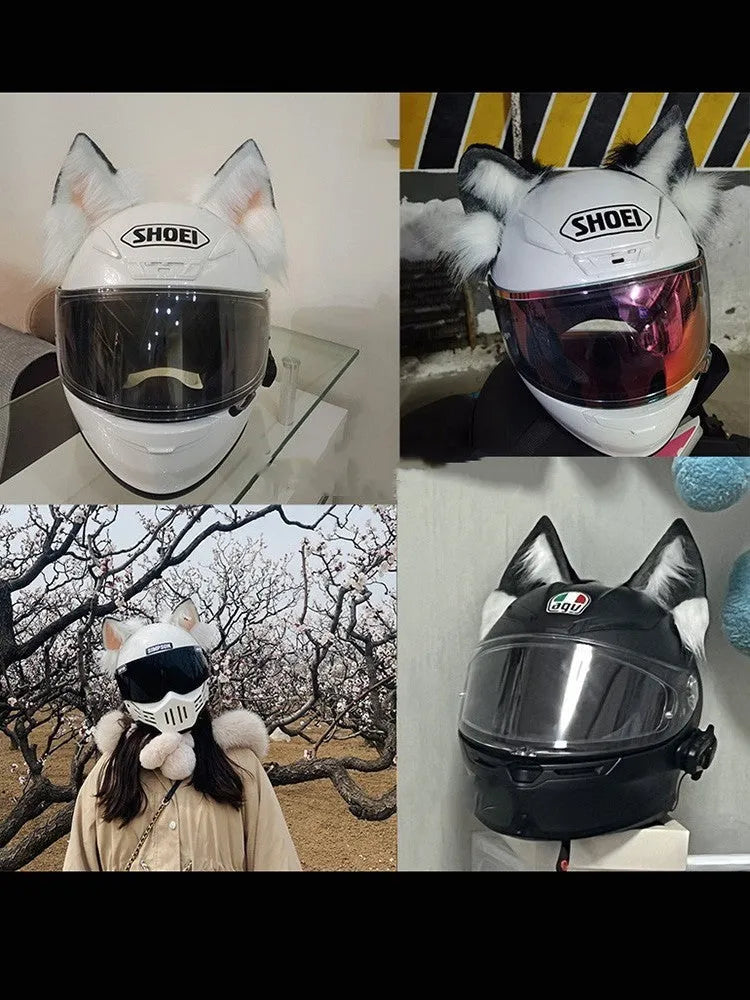 Set of black and white stereoscopic wolf ears and tail clip-on ornaments for a motorcycle helmet.