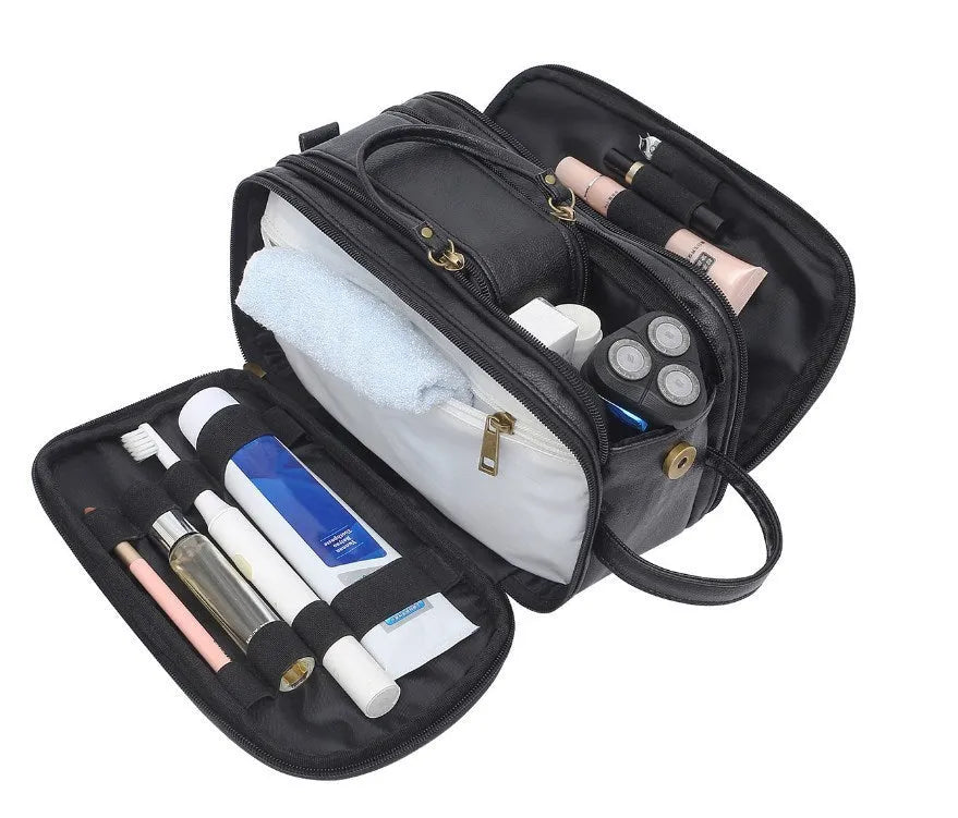 Men's solid-colour black PU toiletry bag for travel storage.