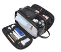 Men's solid-colour black PU toiletry bag for travel storage.