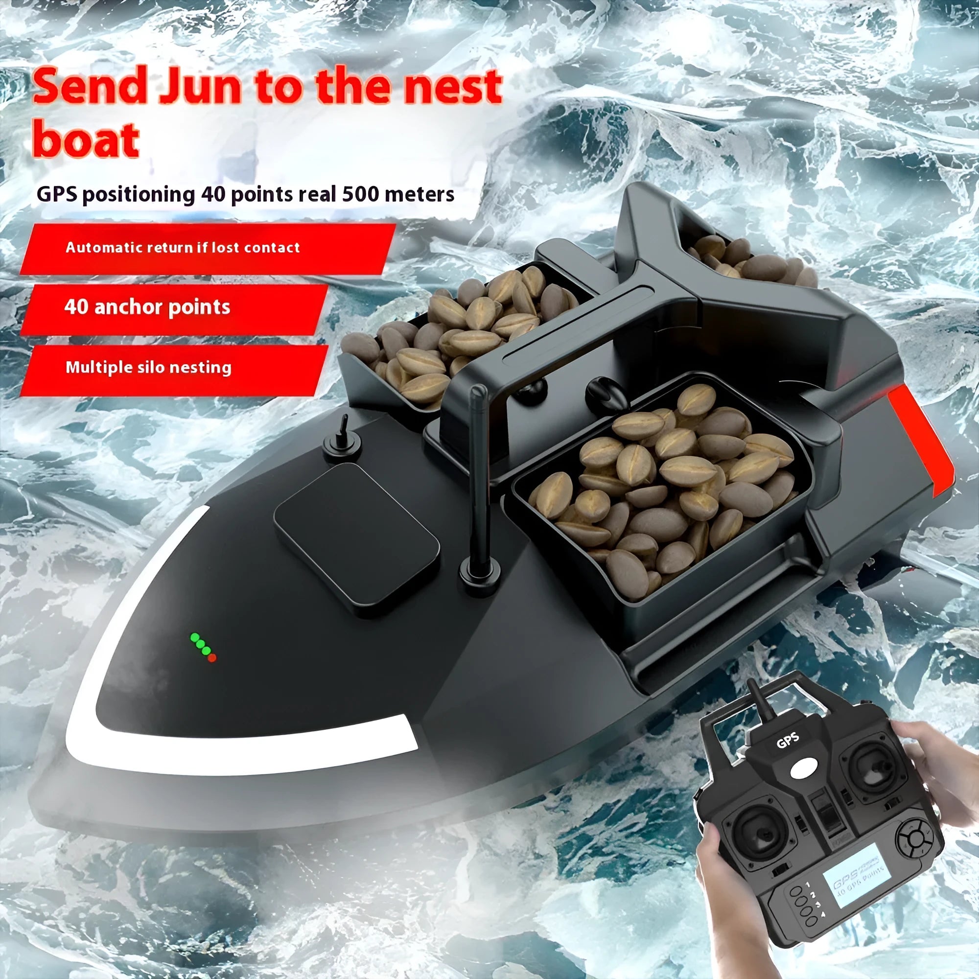 V020 GPS remote control fishing boat with LED lights on water, showing handbag and remote.