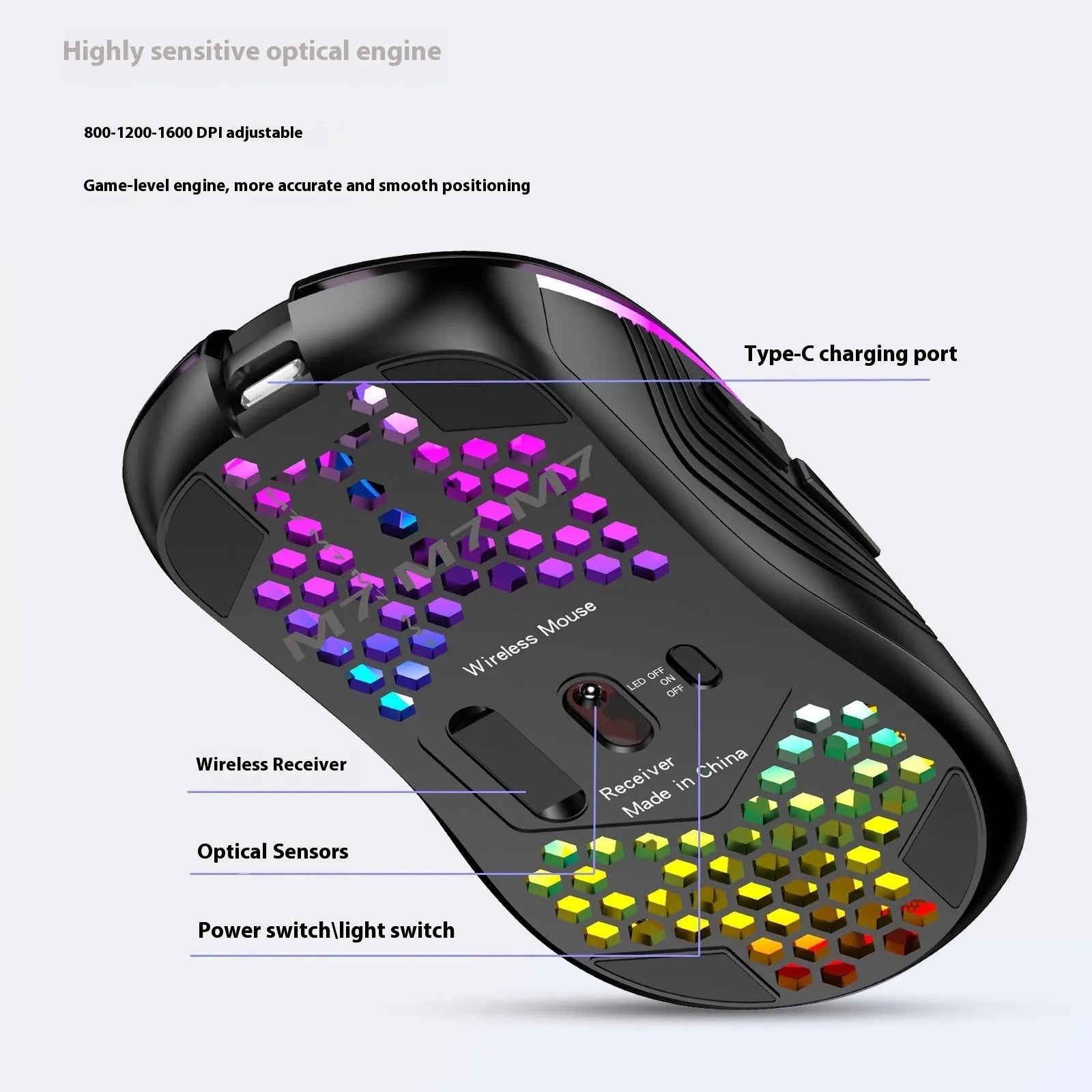 Hole hollow-out luminous wireless gaming mouse in black, with self-charging and 2.4G USB connection
