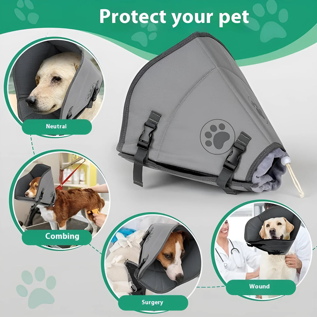 Soft grey adjustable fabric recovery collar ring for dogs and cats on a table, showing the fastener.