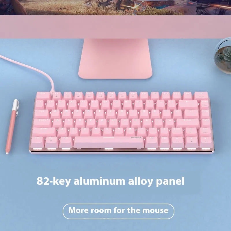 Pink mechanical gaming keyboard with 82 keys, white backlight, and metal construction on desk