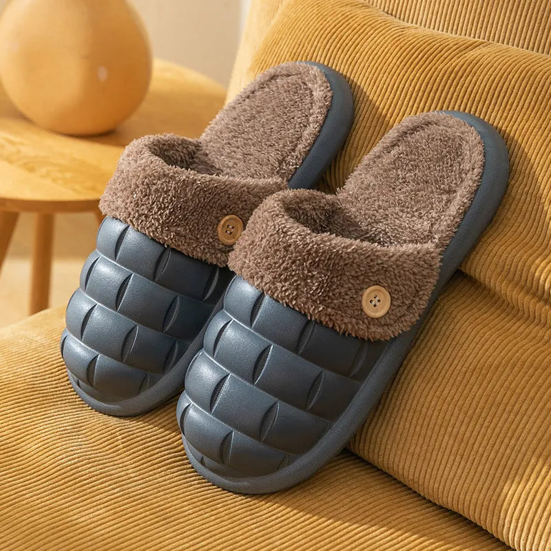 Plaid pattern detachable EVA slippers with plush lining and a textured nonslip sole.