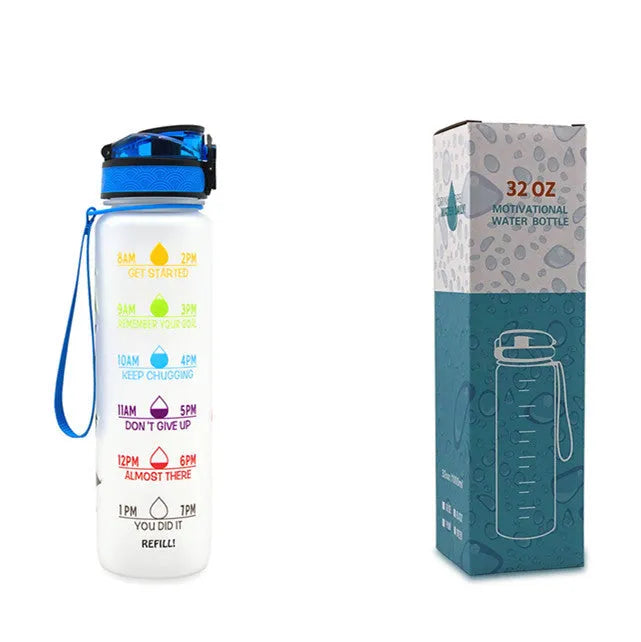 Blue-red gradient 1L Tritan water bottle with time markers and flip-top lid on a gym bag