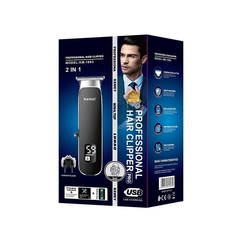 USB rechargeable electric hair clipper with digital display and double cutter head including T-shaped blade and carving cutter