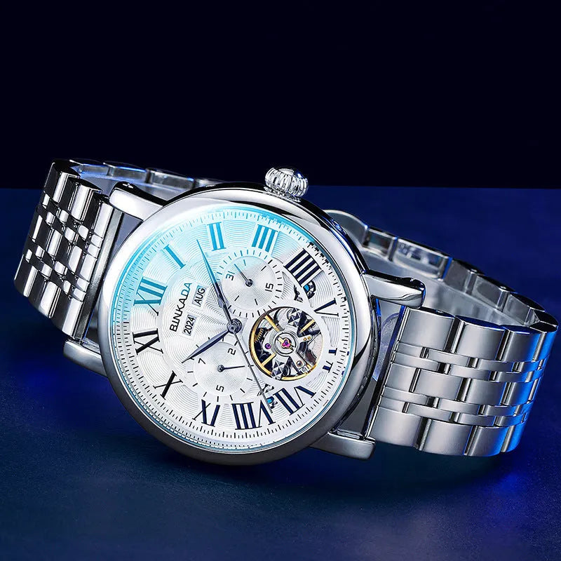 Men's automatic mechanical watch with steel bracelet and waterproof construction