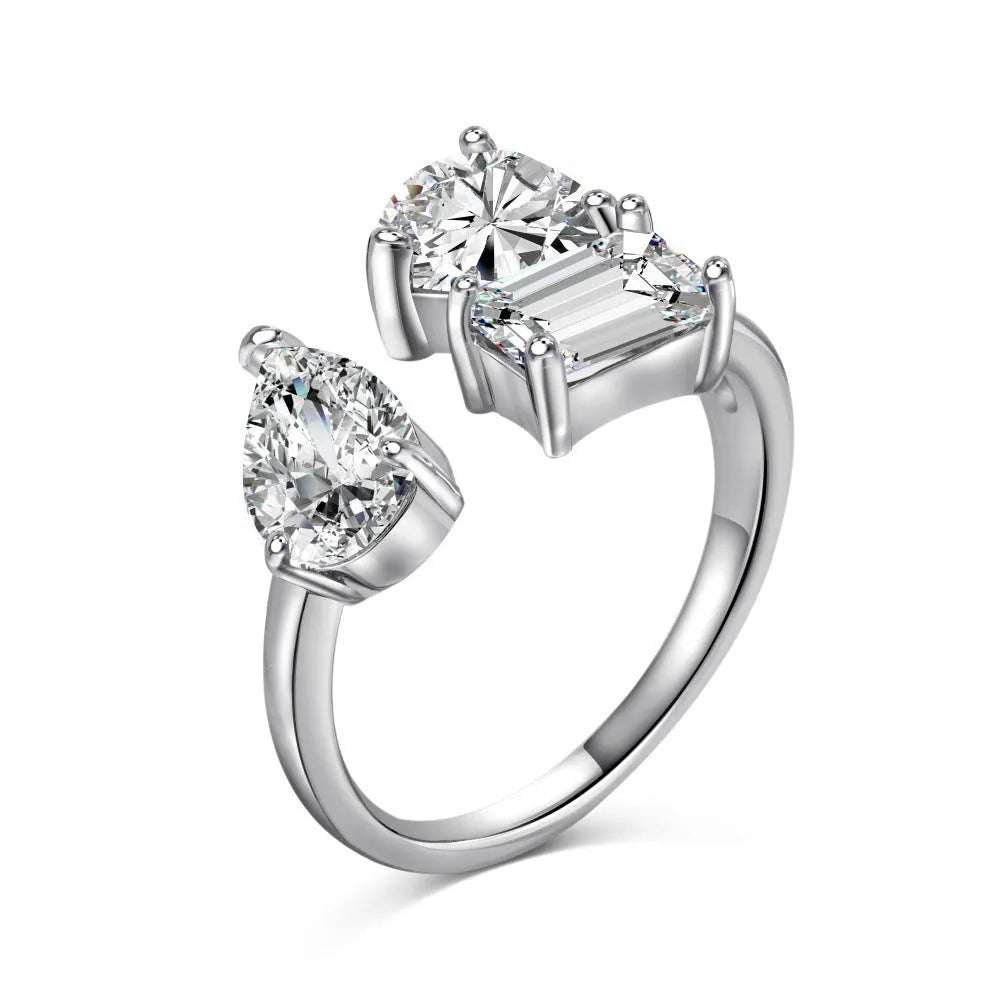 S925 sterling silver ring with adjustable opening and pear-shaped heart-shaped zircon inlay