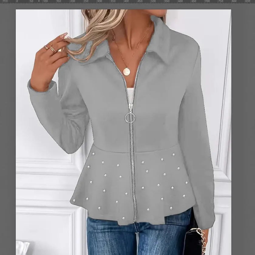 Women's black coat with beaded heavy-duty zipper and ruffled hem, loose fit, long sleeves.