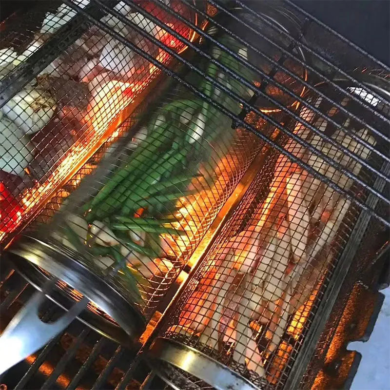 Stainless steel rolling BBQ grill basket with mesh cylinder design for vegetables meatballs