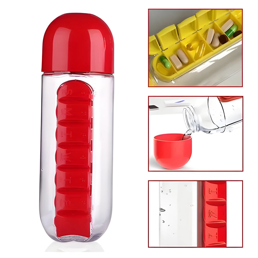 Portable wrist capsule water cup with medicine box, 600ml PC body and PP lid, 23x7.5x7.5cm
