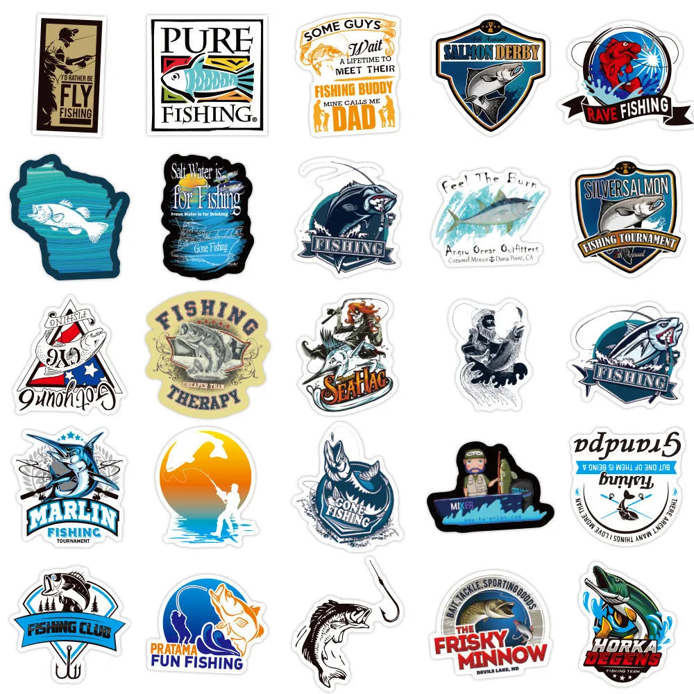50 fishing angling adhesive stickers, 5-8cm, in WZ0335 and wz01039 colours for car windows and tackle boxes