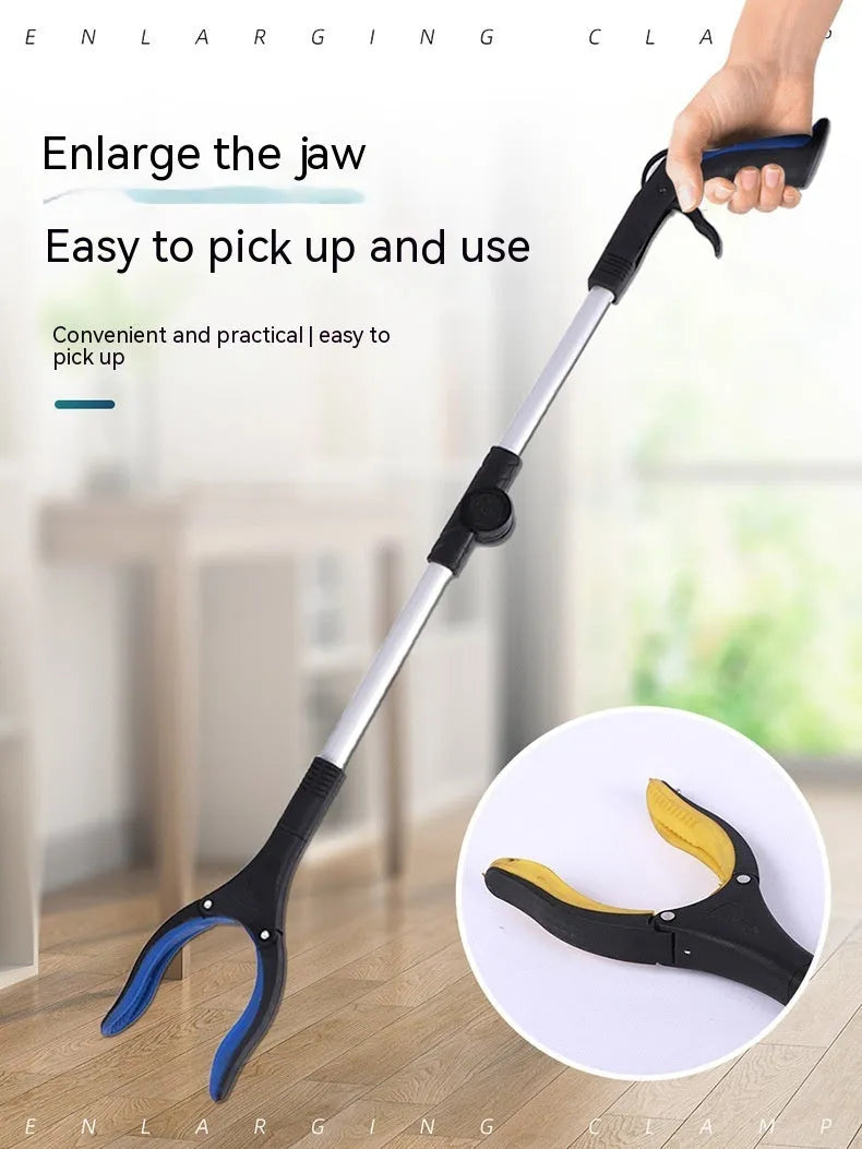 Foldable aluminium litter picker with magnet, shown extended and with blue handle.