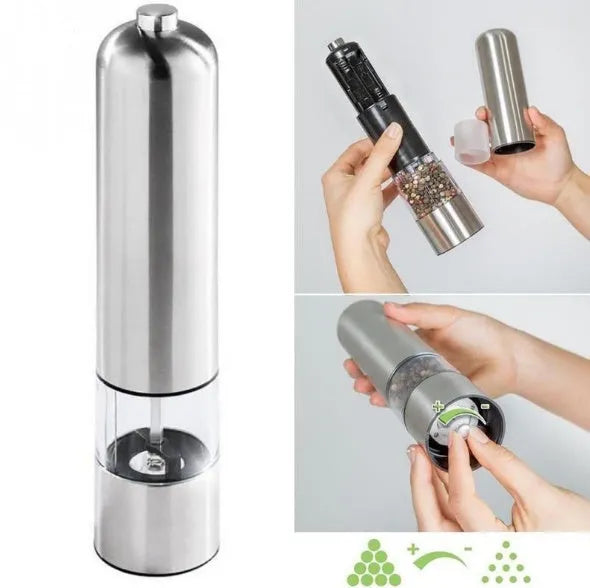 Stainless steel electric pepper grinder on kitchen counter