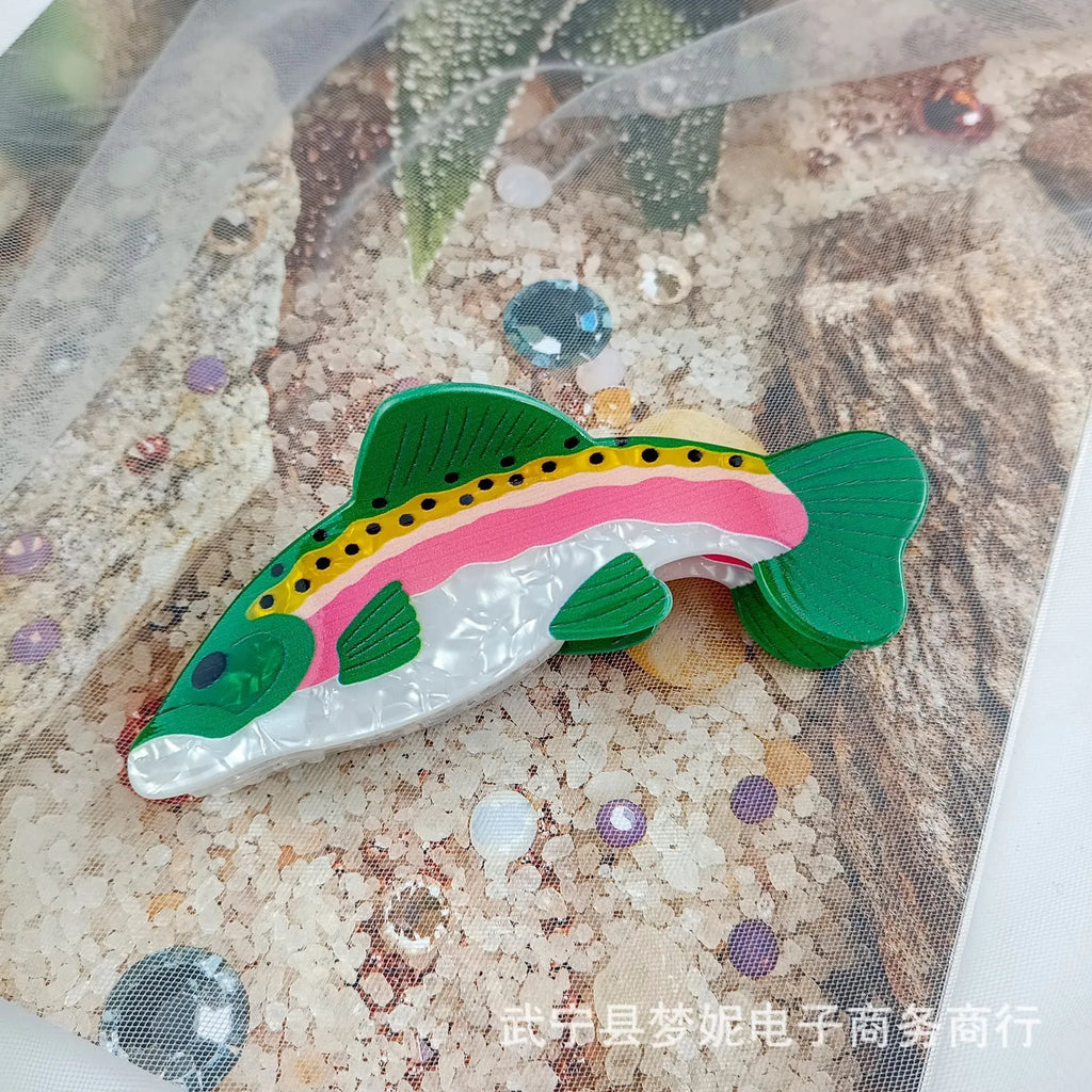 Dark green rainbow trout hair clip with printed carp elements and PVC construction