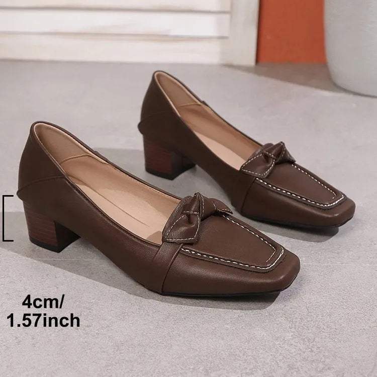 Plus size brown square head bow pumps with low top height increasing rubber sole on foot model