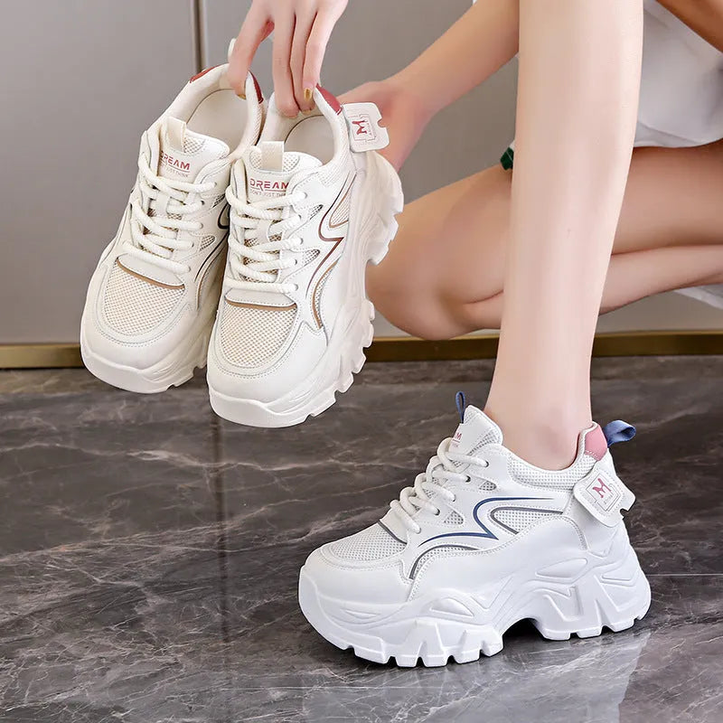 Children's platform elevator shoes in white or beige, artificial PU upper, round toe, sizes 35-40