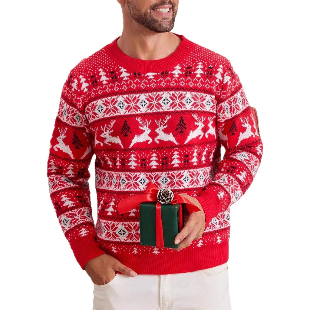 Men's Christmas jumper in red or navy blue, round neck, long sleeve, loose jacquard knit, sizes S to XXL.