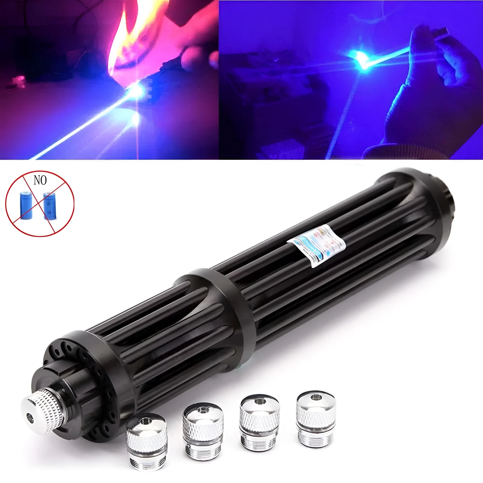 Black anodised aluminium self-defence laser flashlight with blue light beam, showing extended 168mm length