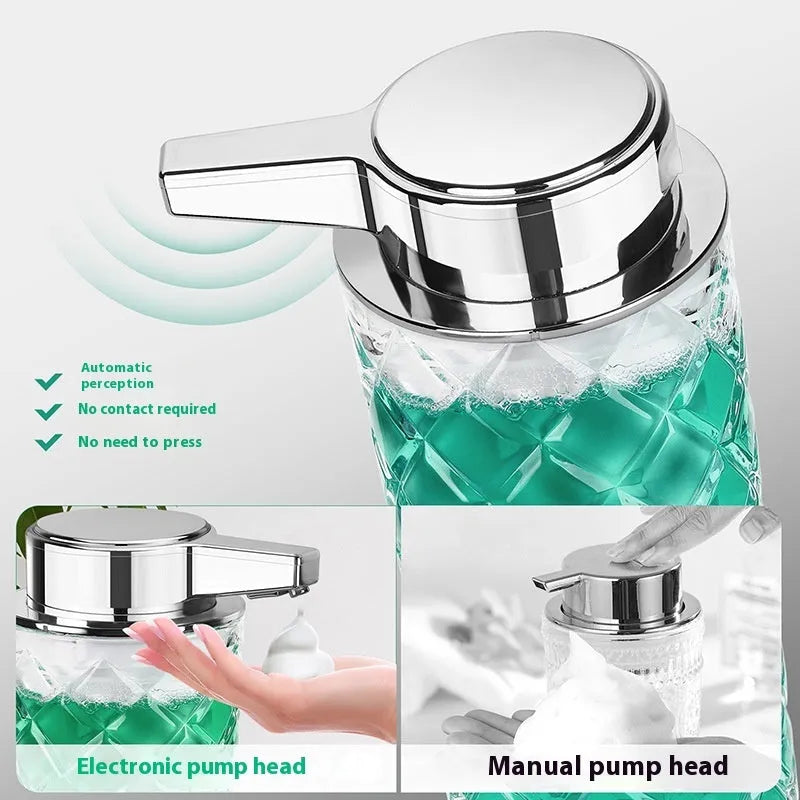 Silver automatic sensor soap dispenser with USB Type-C charging port on a bathroom counter.