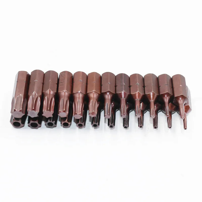 12-piece T6 to T40 magnetic screwdriver bit set with hollow and solid hexagon designs in black steel