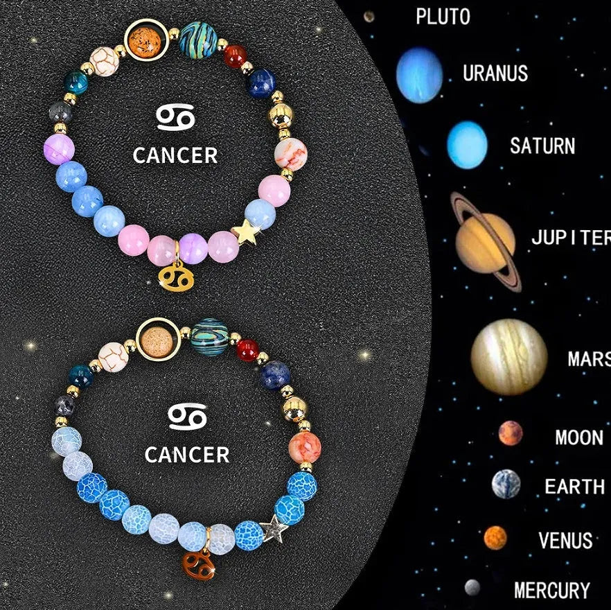Set of twelve natural stone bead bracelets, each showing a different zodiac sign charm on an adjustable cord.