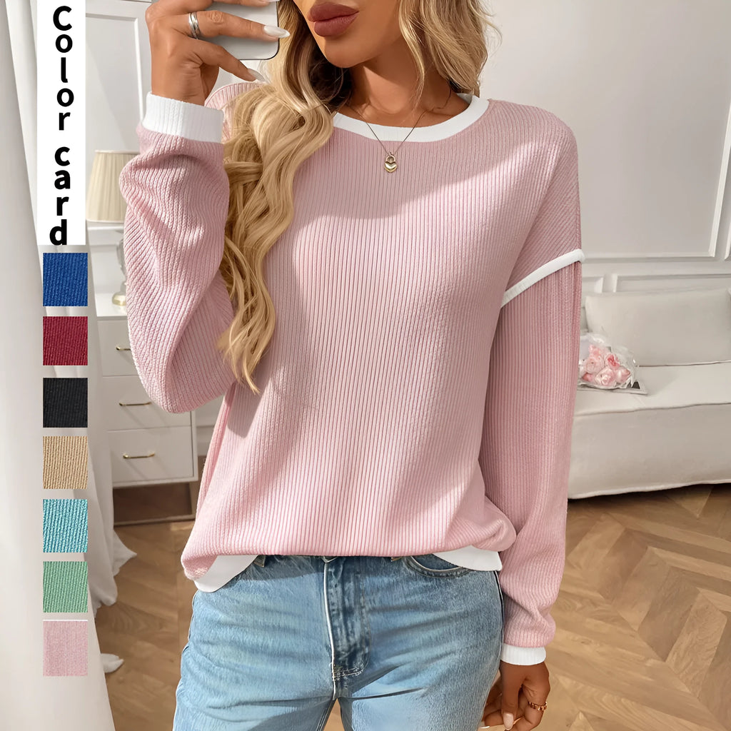 Women's loose round neck long sleeve polyester pullover top shown in multiple colour options.
