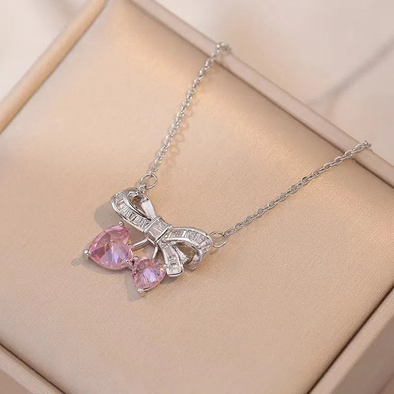 Titanium steel bow necklace collarbone chain in gold or steel colour with bow pendant
