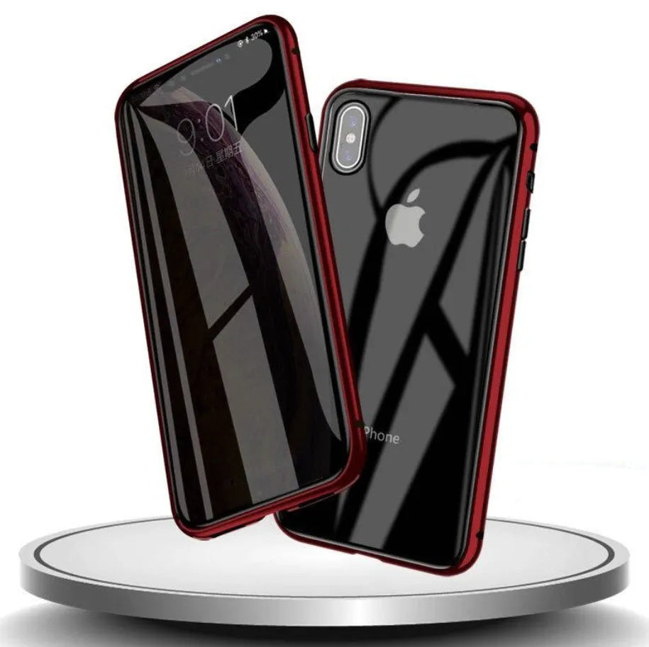 Machined glass clamshell anti-spy phone case in black, shown closed and open next to an iPhone.