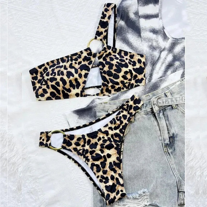 Women's leopard print polka dot hollow bikini swimsuit with top and shorts