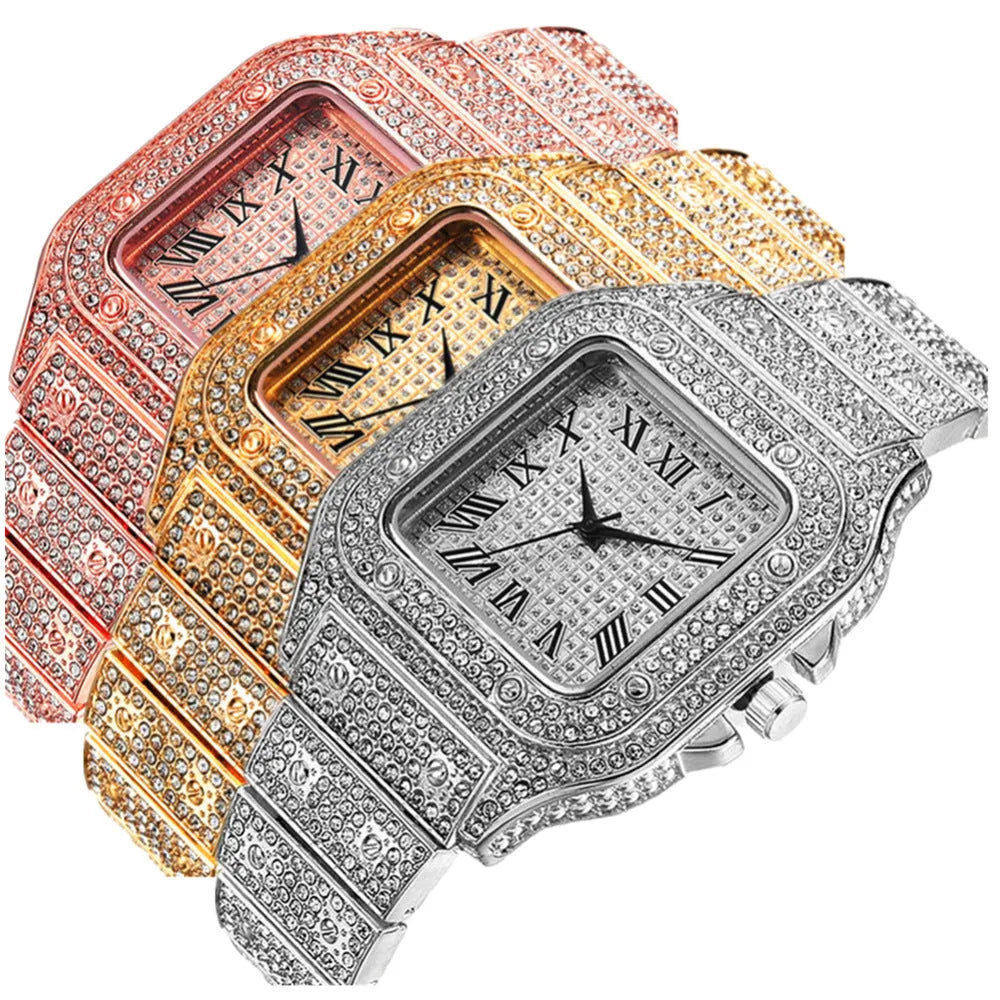 Roman numeral square dial quartz watch with black mesh band, bracelet, and necklace set in gold, rose gold, or silver.
