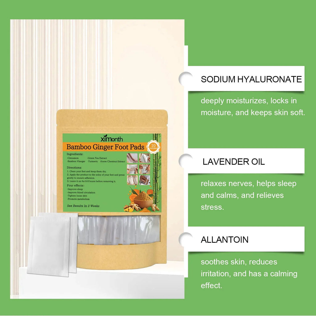 Pack of ten adhesive health patches containing ginger, turmeric, and natural oils.