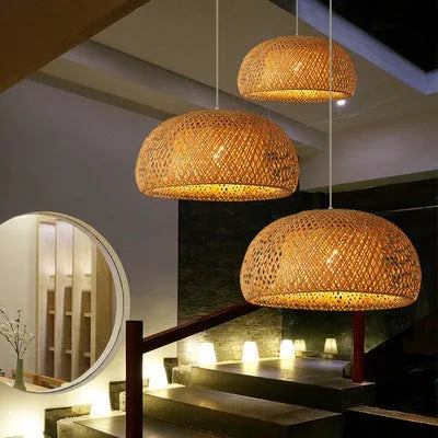 Brown woven bamboo chandelier with natural bamboo shade, 180 by 300 mm, E27 pendant light