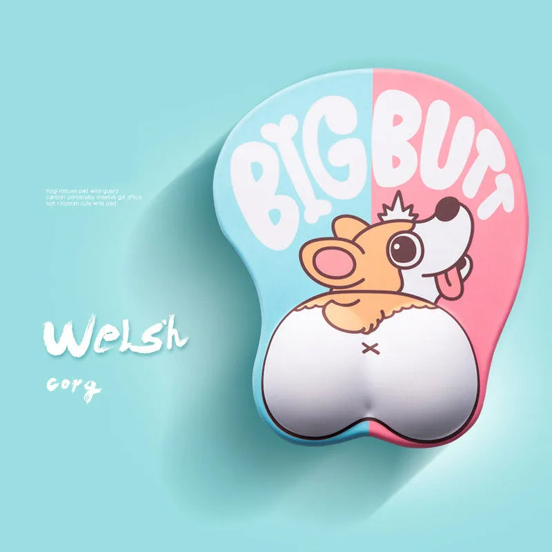 Blue corgi design 3D ergonomic mouse pad with raised wrist support cushion on a desktop.