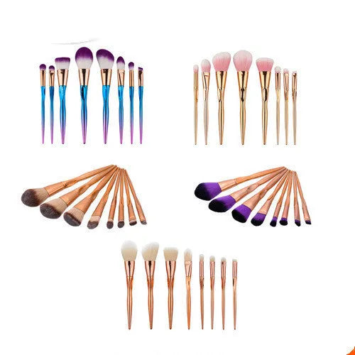 8-piece foundation brush set with artificial fibre bristles and long plastic handles, in multiple colour options