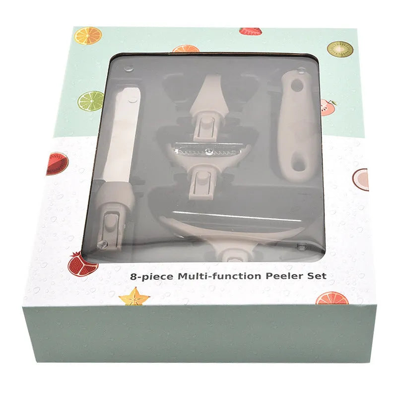 Three-piece stainless steel kitchen cutter set with wheat straw chopping board, fruit knife, and peeler