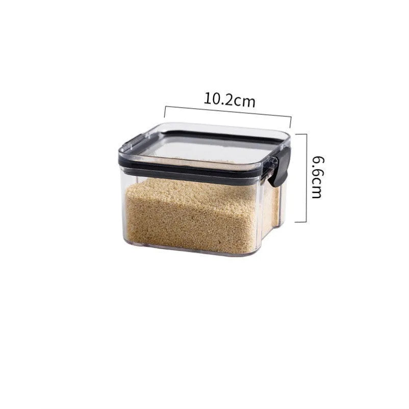 Transparent PET grain box with black lid, square shape, 1300ml capacity