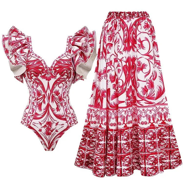 Women's printed one-piece swimsuit in rose pink, available in sizes S M L XL