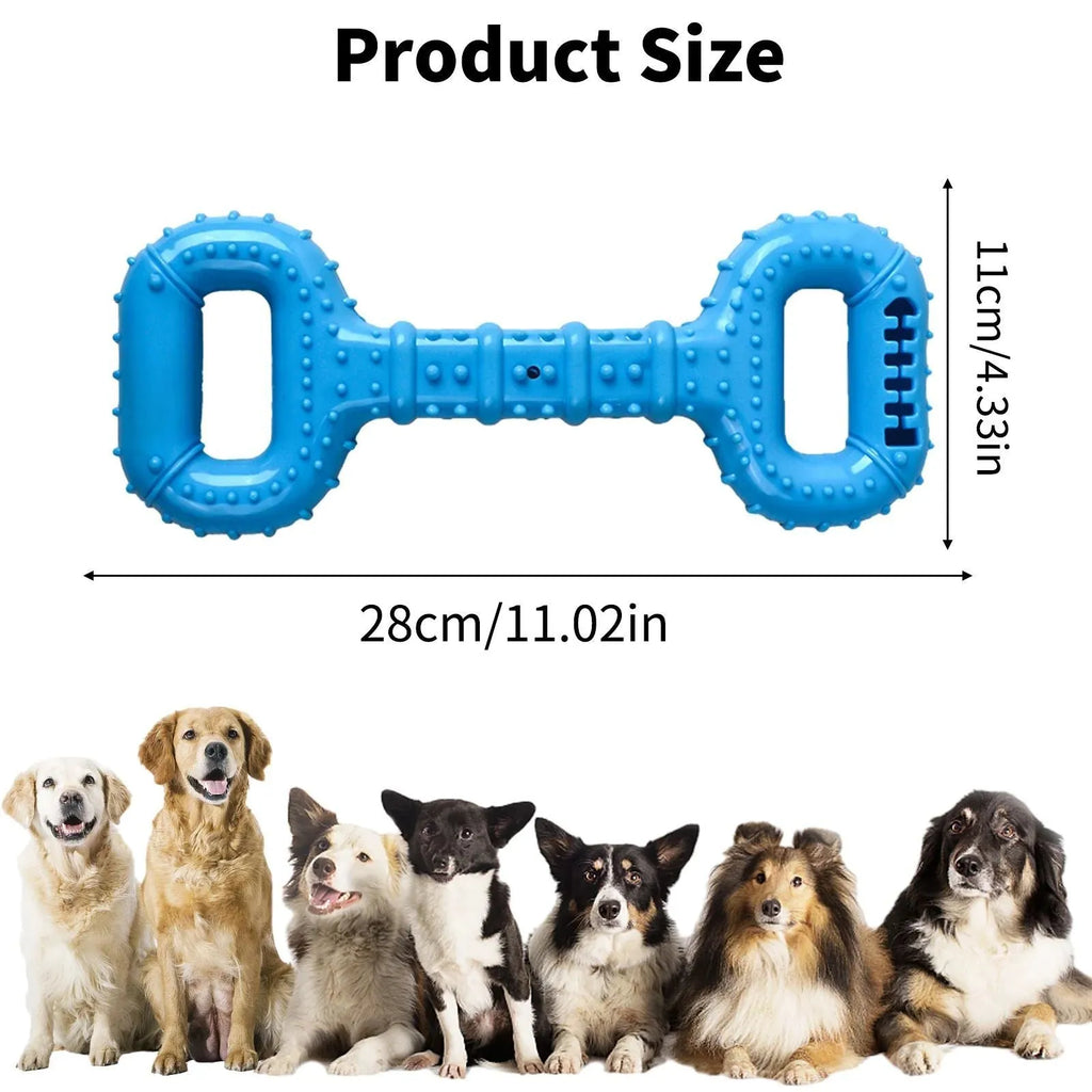 Blue dog bone toy with pull band for aggressive chewers