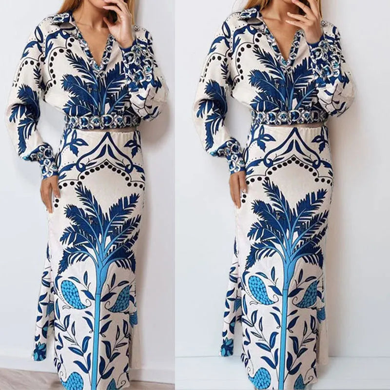 Early spring casual fashion set with long sleeve top and long skirt in picture colour.