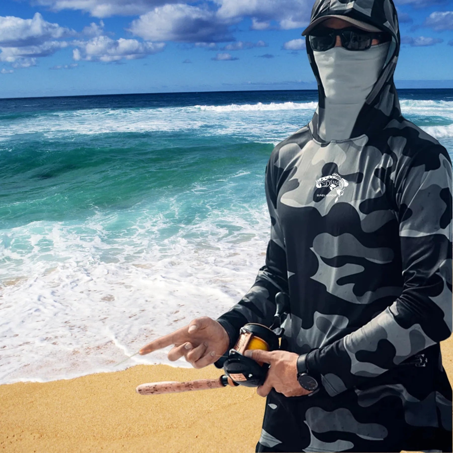 Man wearing a grey long sleeve fishing shirt with an integrated hood and face mask, showing mesh side panels.