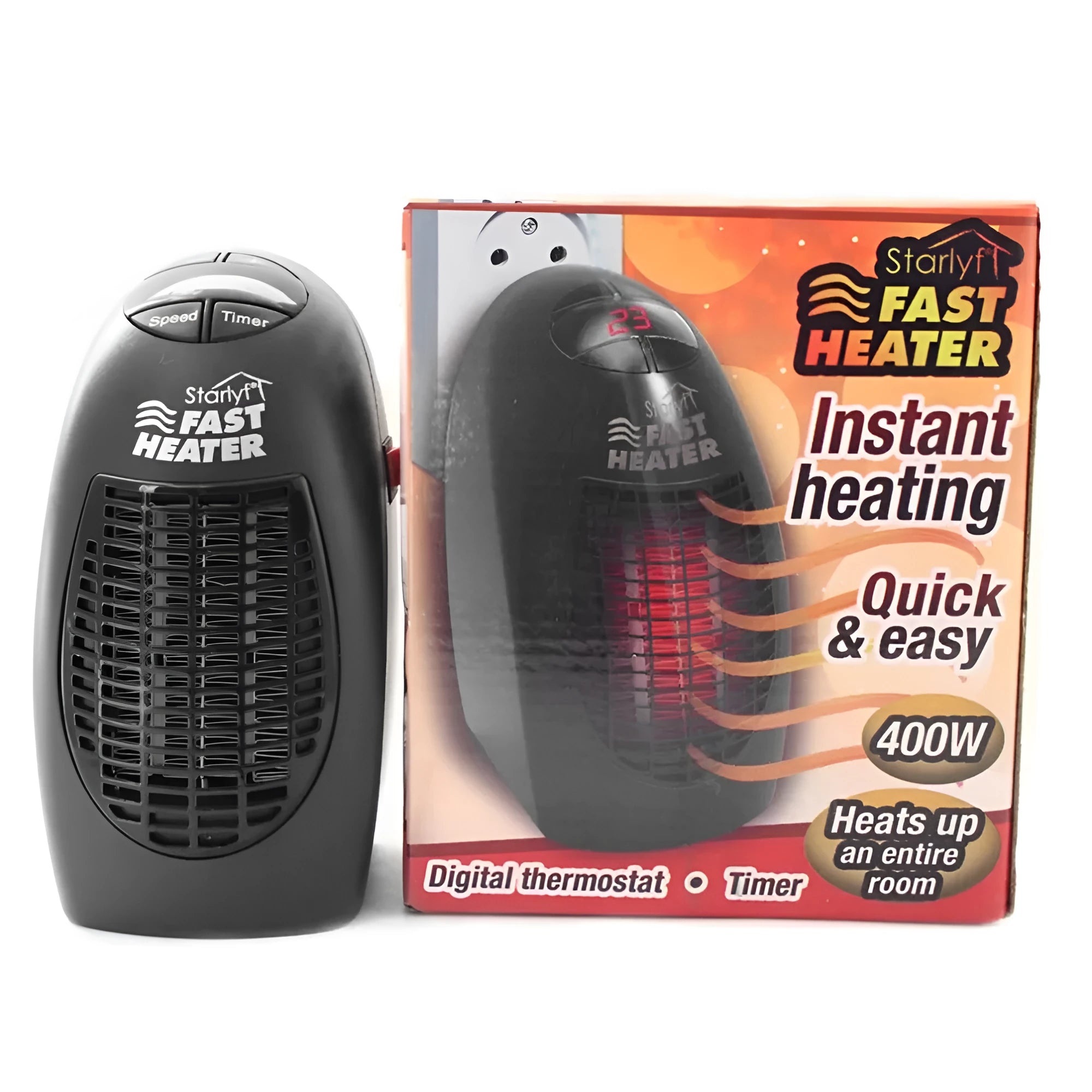 Black mini electric heater with digital display and a rotating three-prong plug on a desk.