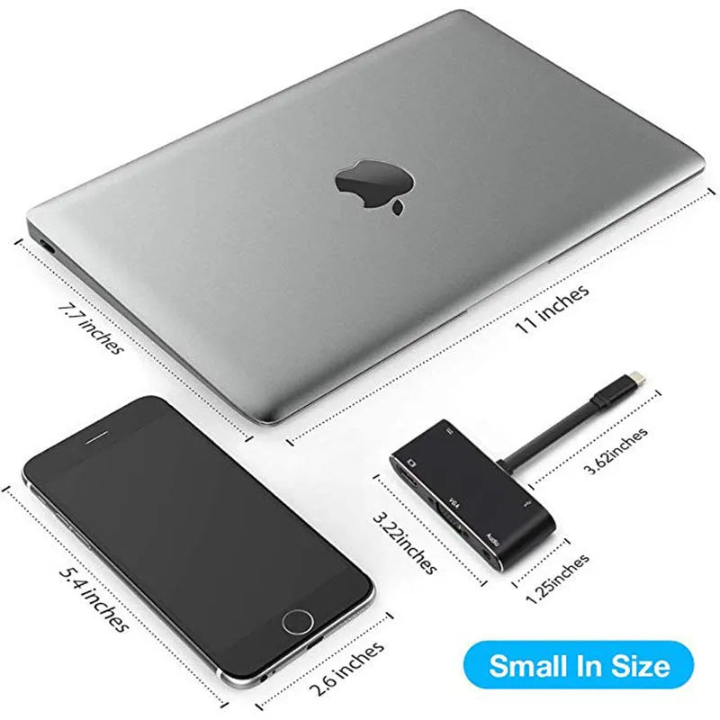 Black aluminium alloy 5-in-1 Type-C to HDMI and VGA adapter with USB and PD ports on a desk
