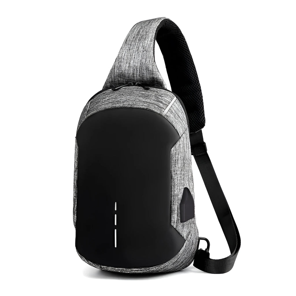 Dark blue Oxford cloth chest bag with adjustable strap, worn across the chest, showing front zipper and square shape.