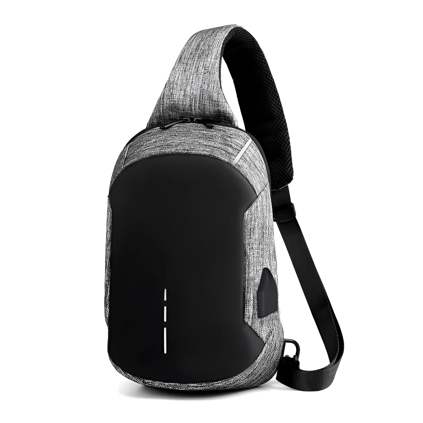Dark blue Oxford cloth chest bag with adjustable strap, worn across the chest, showing front zipper and square shape.