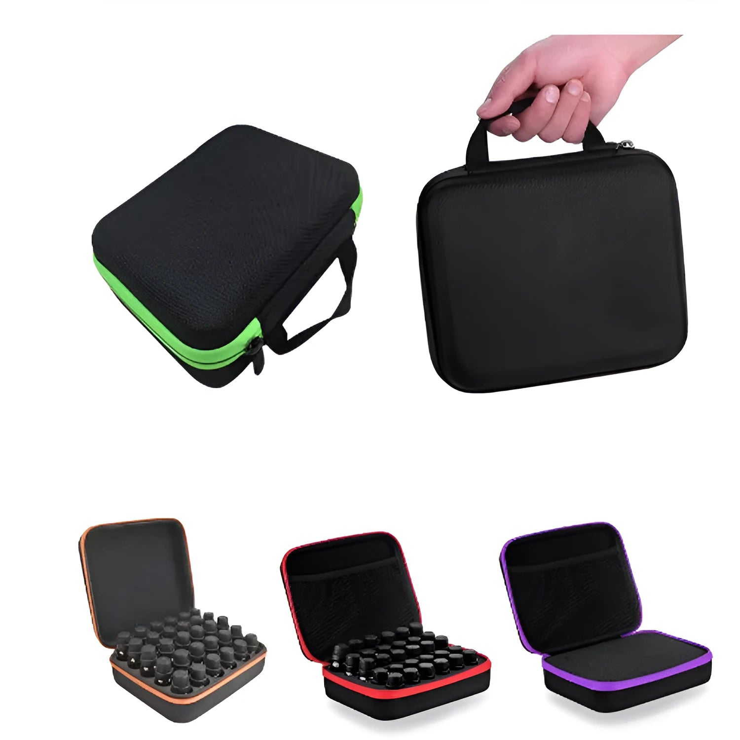 Red EVA cube-shaped essential oil storage bag with 30 compartments and a zipper, shown wall-mounted.