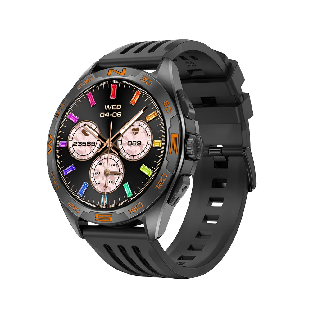 Black steel smartwatch on wrist showing heart rate and blood oxygen data on its IPS screen.
