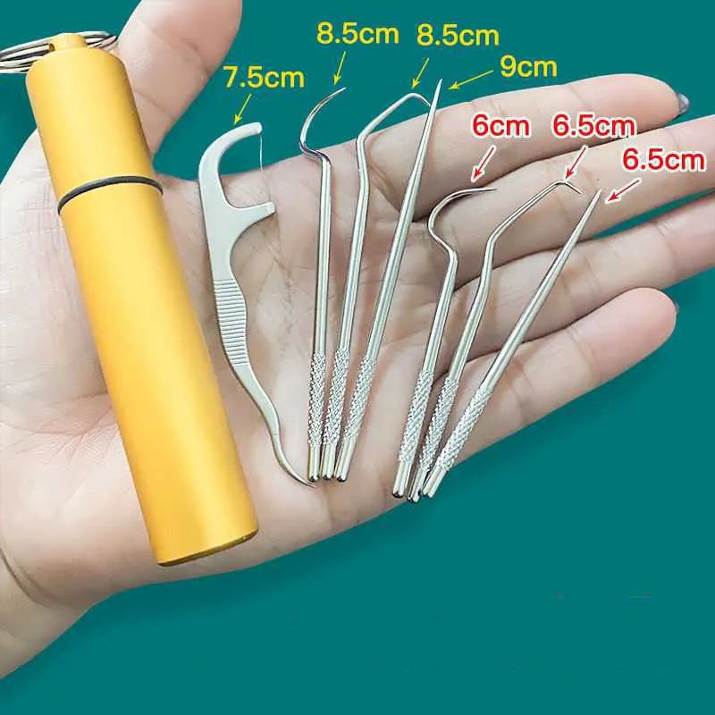 304 stainless steel toothpick set with 3 short and 3 long metal toothpicks plus 7 dental floss sticks in a cylinder