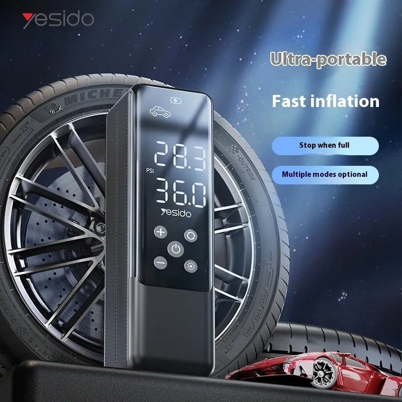 Portable 12V car tyre inflator pump in black with LED light and pressure gauge, model VC05.